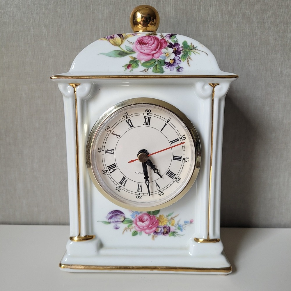 Vintage Porcelain Mantel Clock - Floral Chintz & Gold Trim - Tested & Working